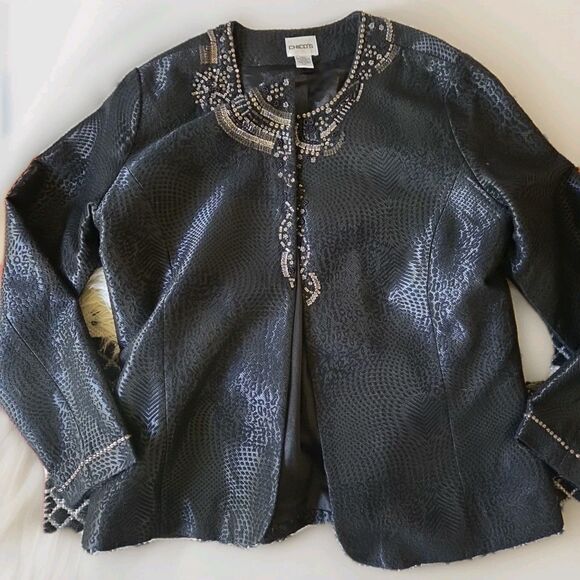 Chicos 1 Women’s Evening Jacket Open Black Velvet Flocked Rhinestone Beaded L/XL - Picture 1 of 8
